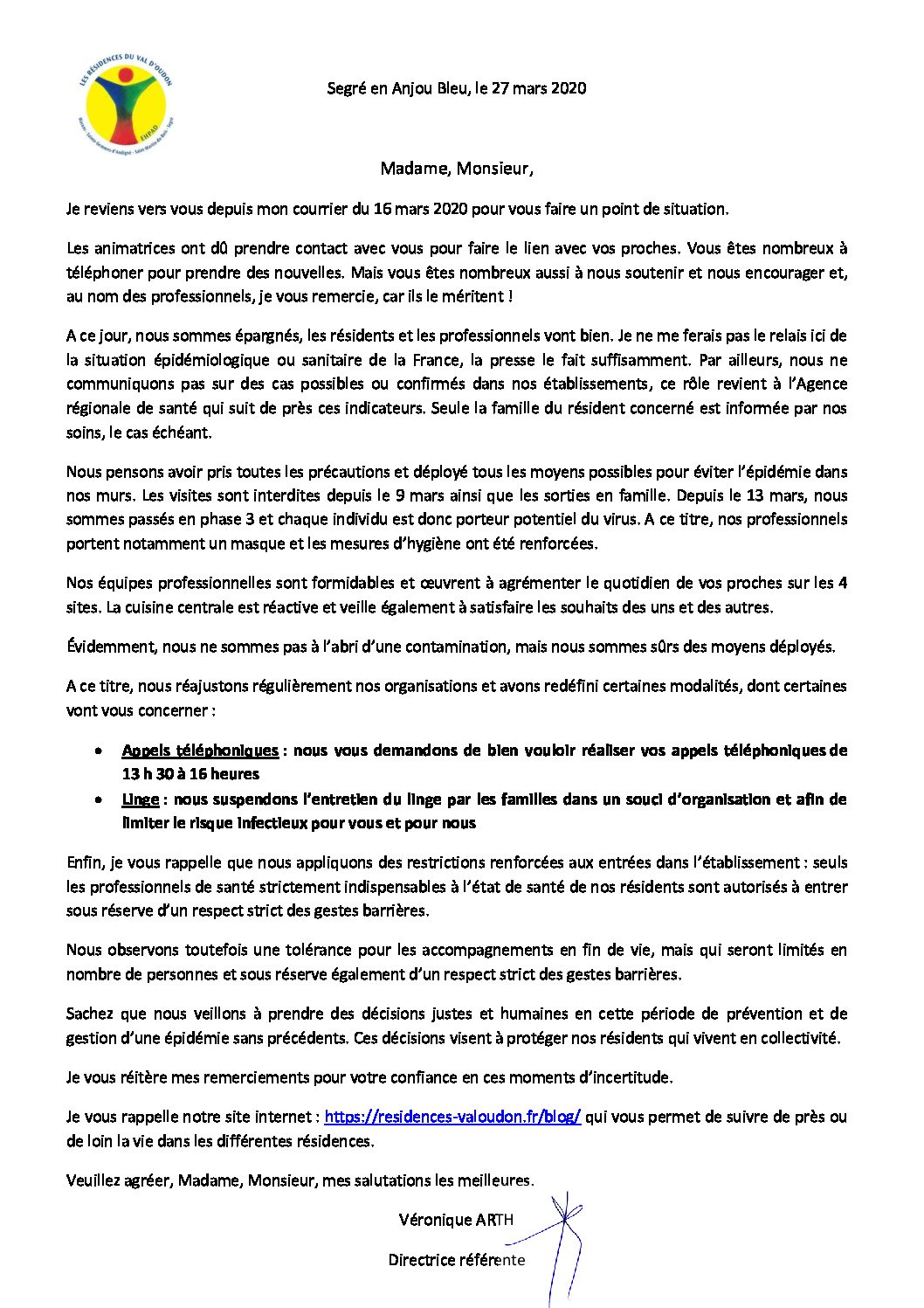 COURRIER D’INFORMATIONS AUX FAMILLES N°2 SITUATION AU 27 03 2020