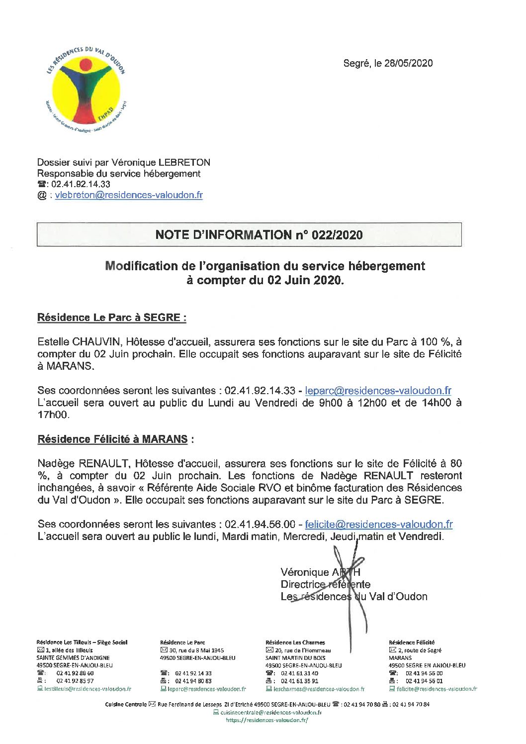 Modification de l’organisation du service Hébergement