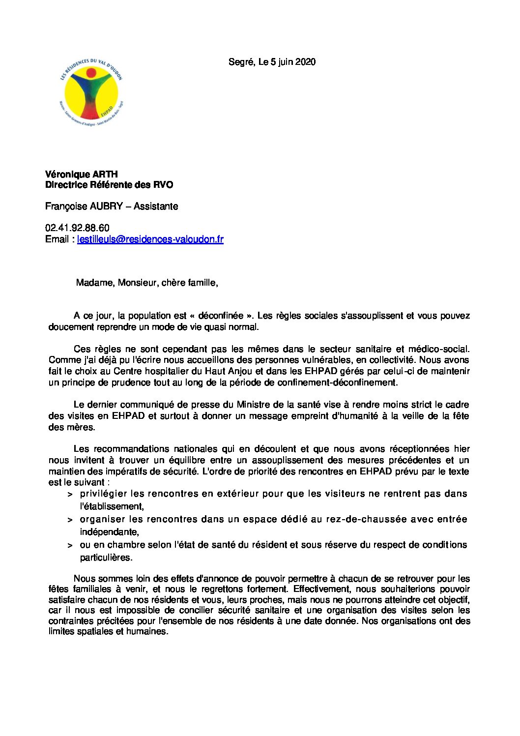 Courrier d’information n° 5 – Informations de la Direction aux familles 05 06 2020