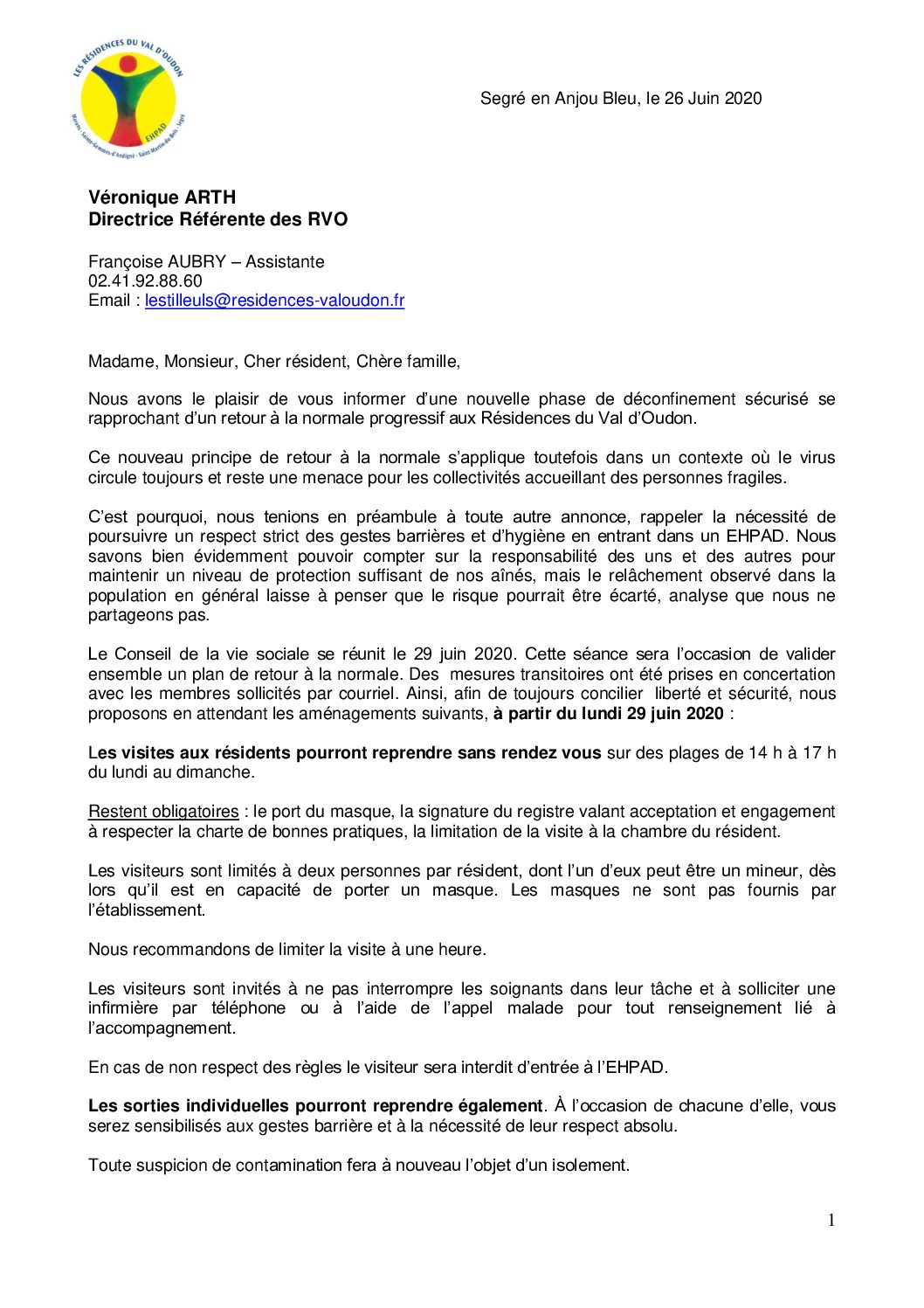 Courrier d’information n° 6 aux résidents et aux familles – 26 06 2020