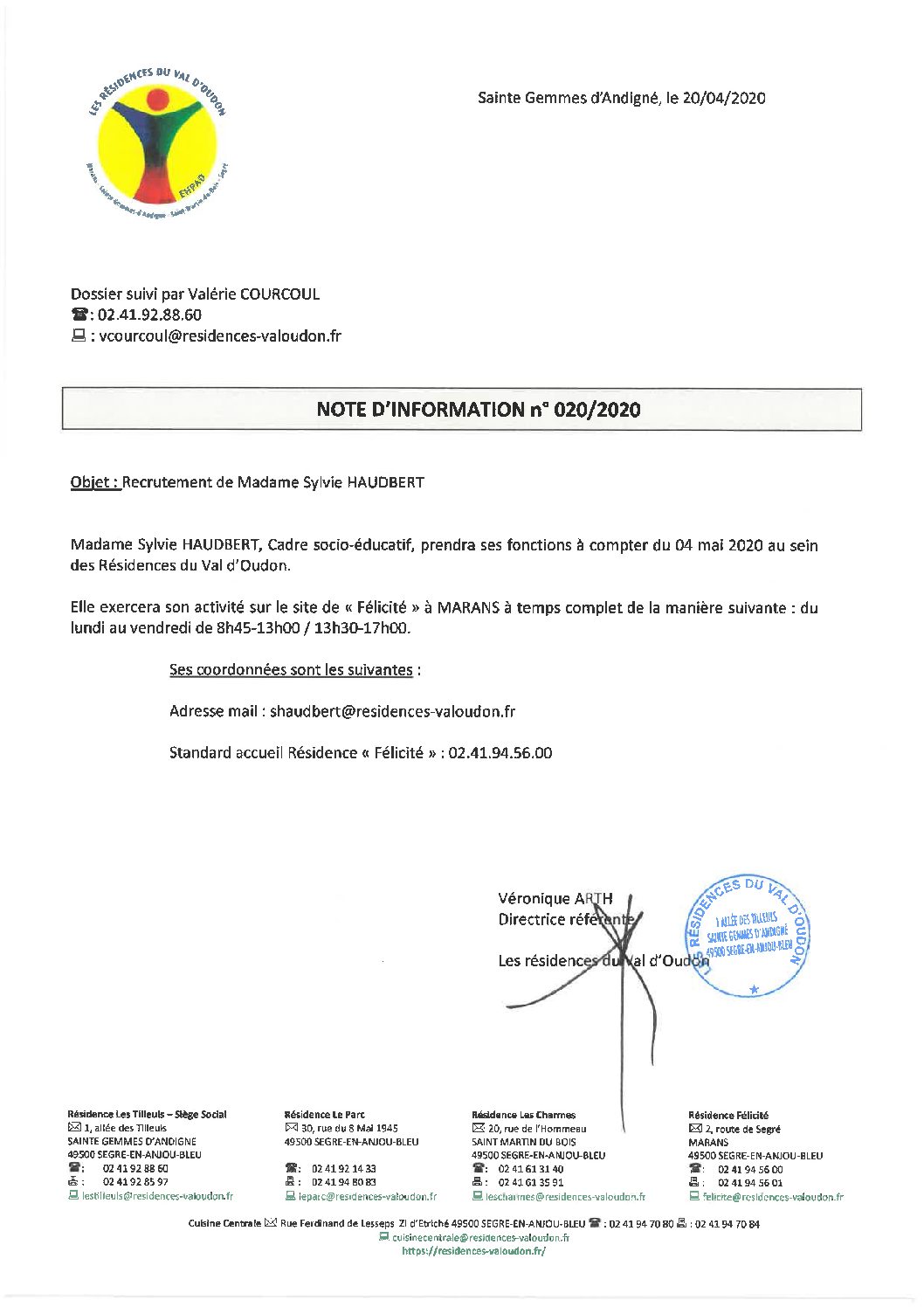 Arrivée de Madame Sylvie HAUDBERT, Cadre de Santé Résidence « Félicité » à MARANS