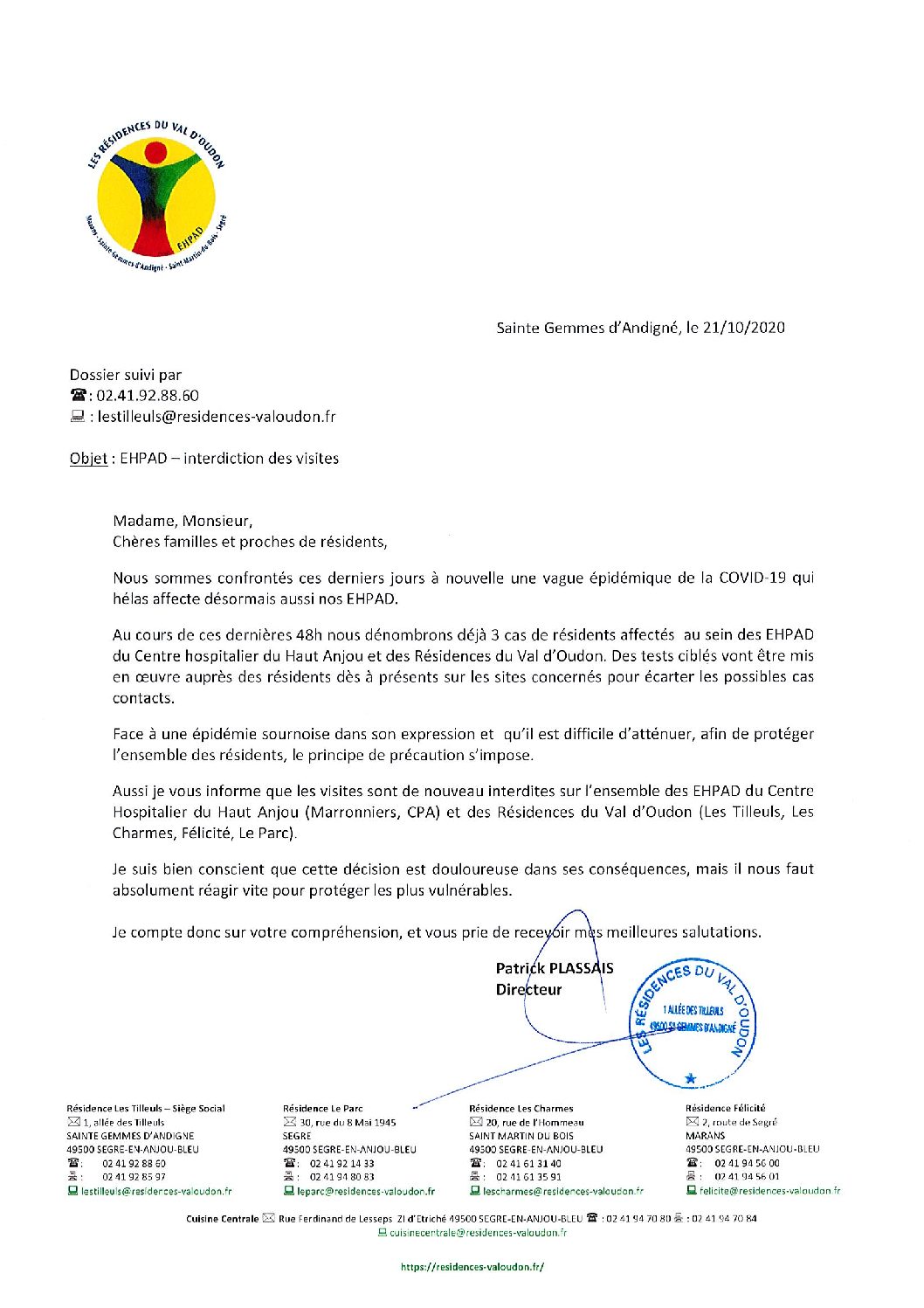 Courrier d’information 22 10 2020 aux résidents et aux familles des RVO